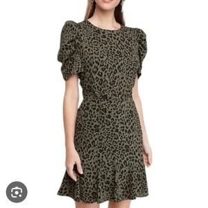Express Womens Mini Short Puff Sleeve Green And Black Leopard Print Dress Size S